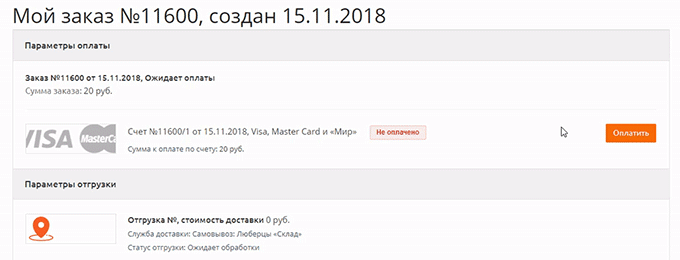 Переходим в заказ который хотим оплатить