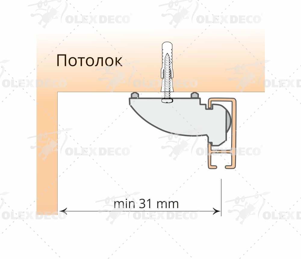 Крепление профиля с универсал с помощью суппорта потолочного для профиля «Универсал», «Велкро»