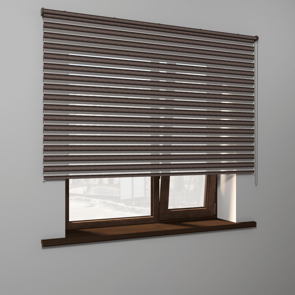 Рулонная штора «MGS День-Ночь» фурнитура Коричневая. Ткань коллекции «Саванна» Шоколад