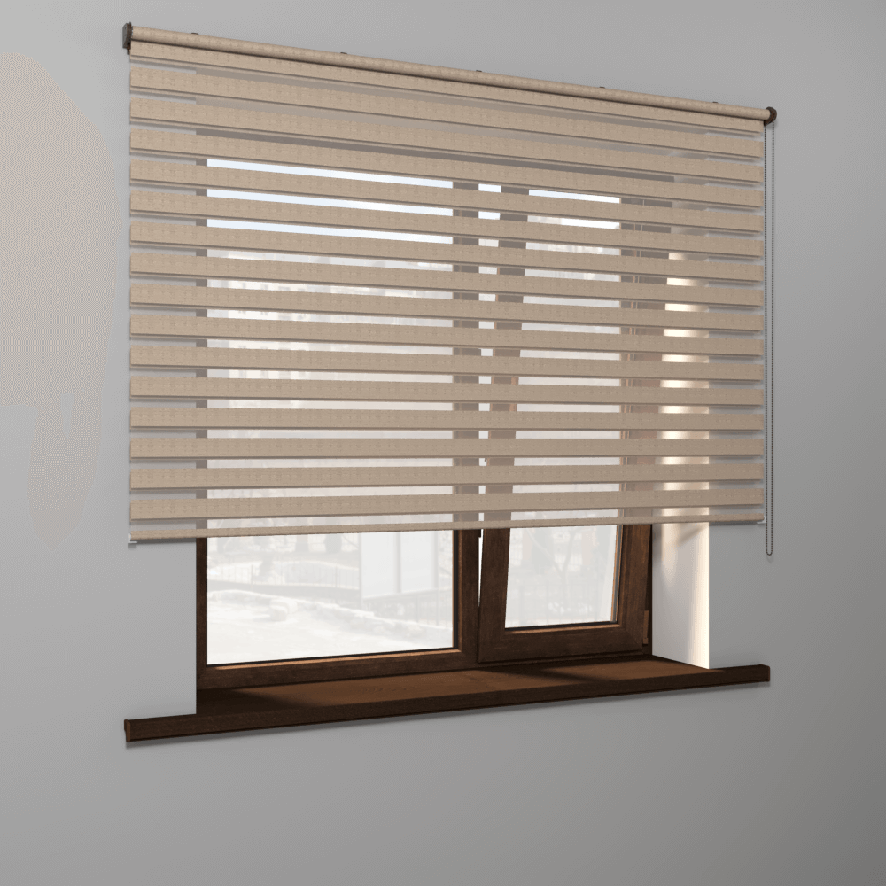 Рулонная штора «MGS День-Ночь» фурнитура Коричневая. Ткань коллекции «Саванна» Оливковый