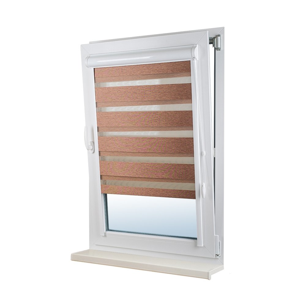 Рулонная штора «UNI 2 День-Ночь» фурнитура Белая. Ткань коллекции «Саванна» Корица