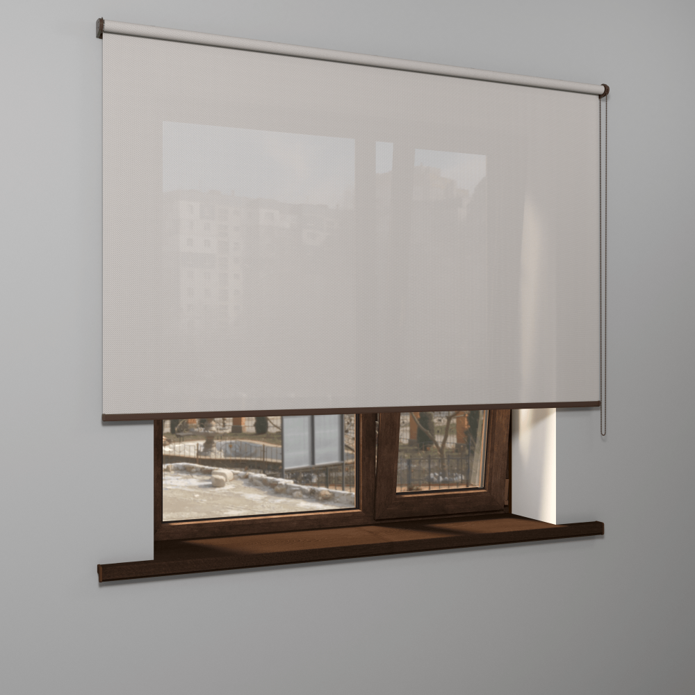 Рулонная штора «MGS» фурнитура Коричневая. Ткань коллекции «Скрин Виши» Бело-серый