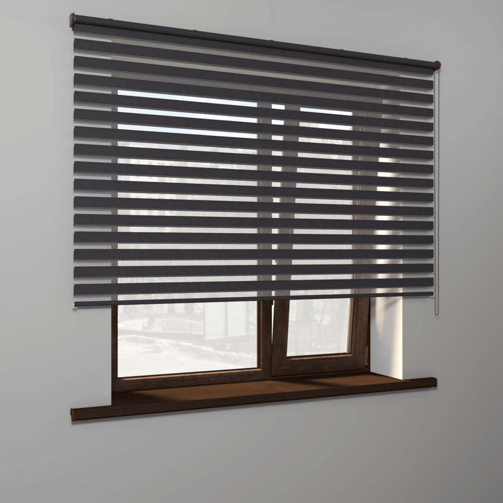 Рулонная штора «MGS День-Ночь» фурнитура Коричневая. Ткань коллекции «Саванна» Черный