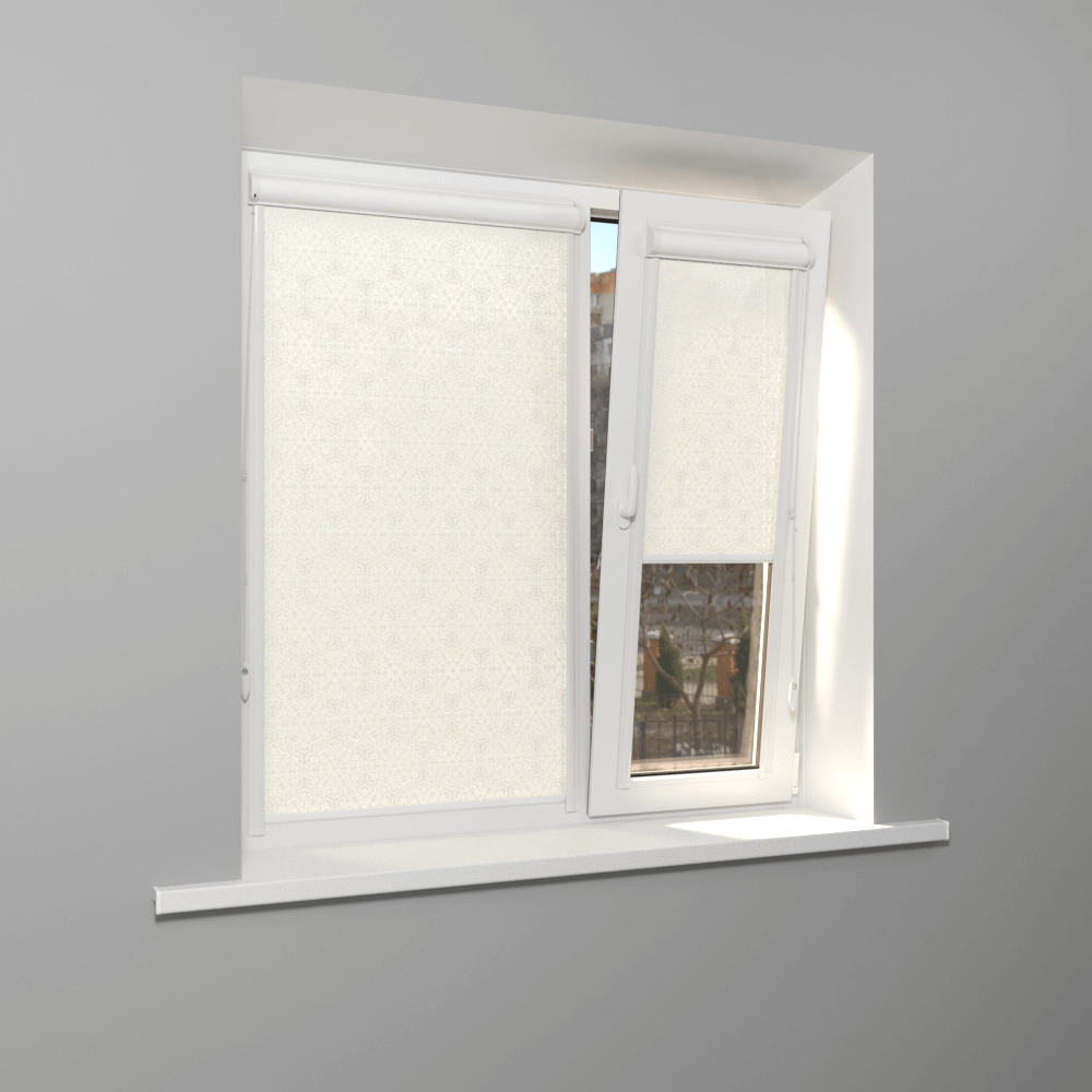 Рулонная штора «UNI 1» фурнитура Белая. Ткань коллекции «Пандора» Жемчуг глянец