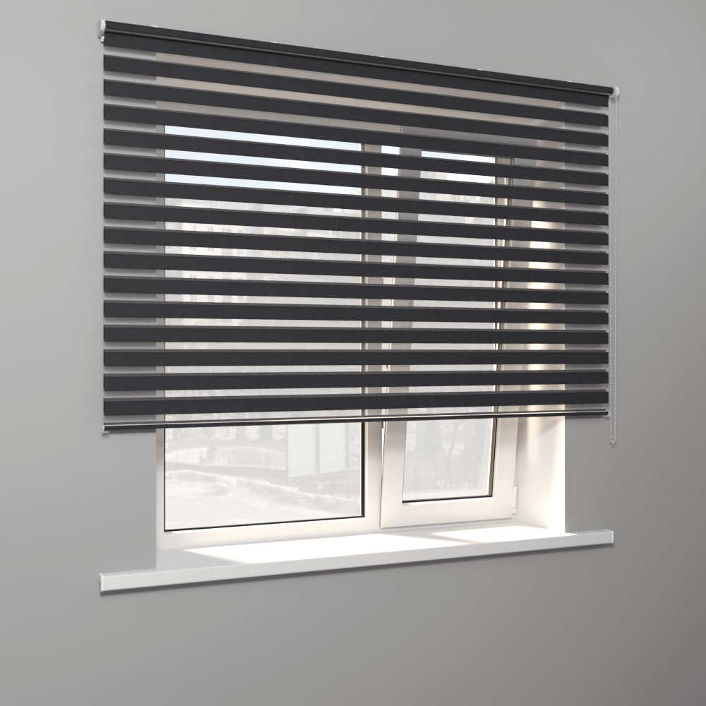 Рулонная штора «MGS День-Ночь» фурнитура Белая. Ткань коллекции «Саванна» Черный