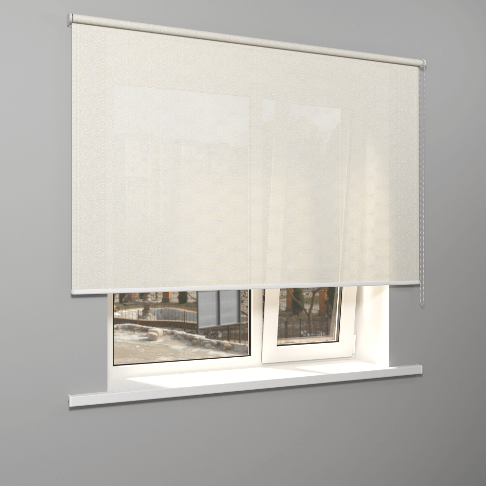 Рулонная штора «MGS» фурнитура Белая. Ткань коллекции «Пандора» Жемчуг