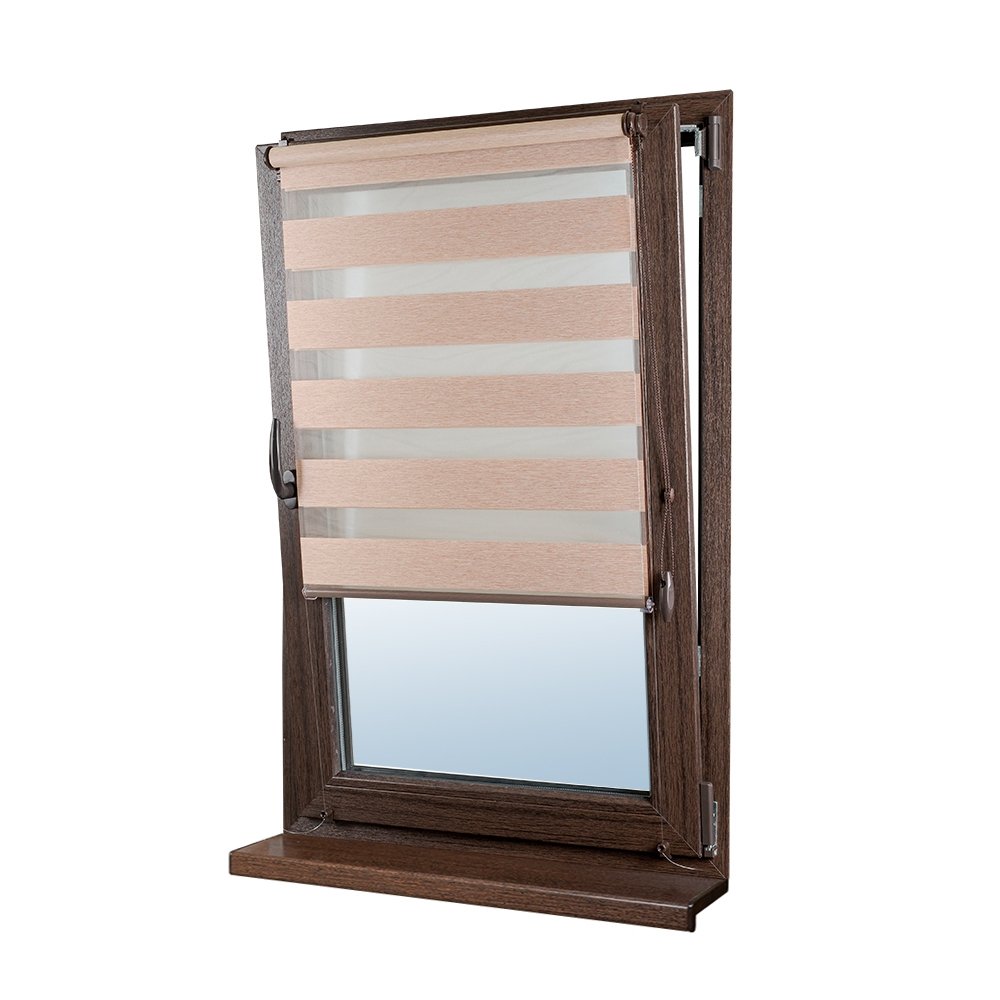 Рулонная штора «Мини День-Ночь» фурнитура Коричневая. Ткань коллекции «Саванна» Шампань