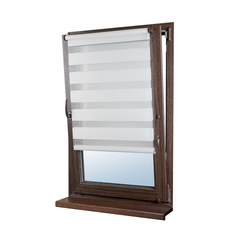 Рулонная штора «Мини День-Ночь» фурнитура Коричневая. Ткань коллекции «Саванна» Белый