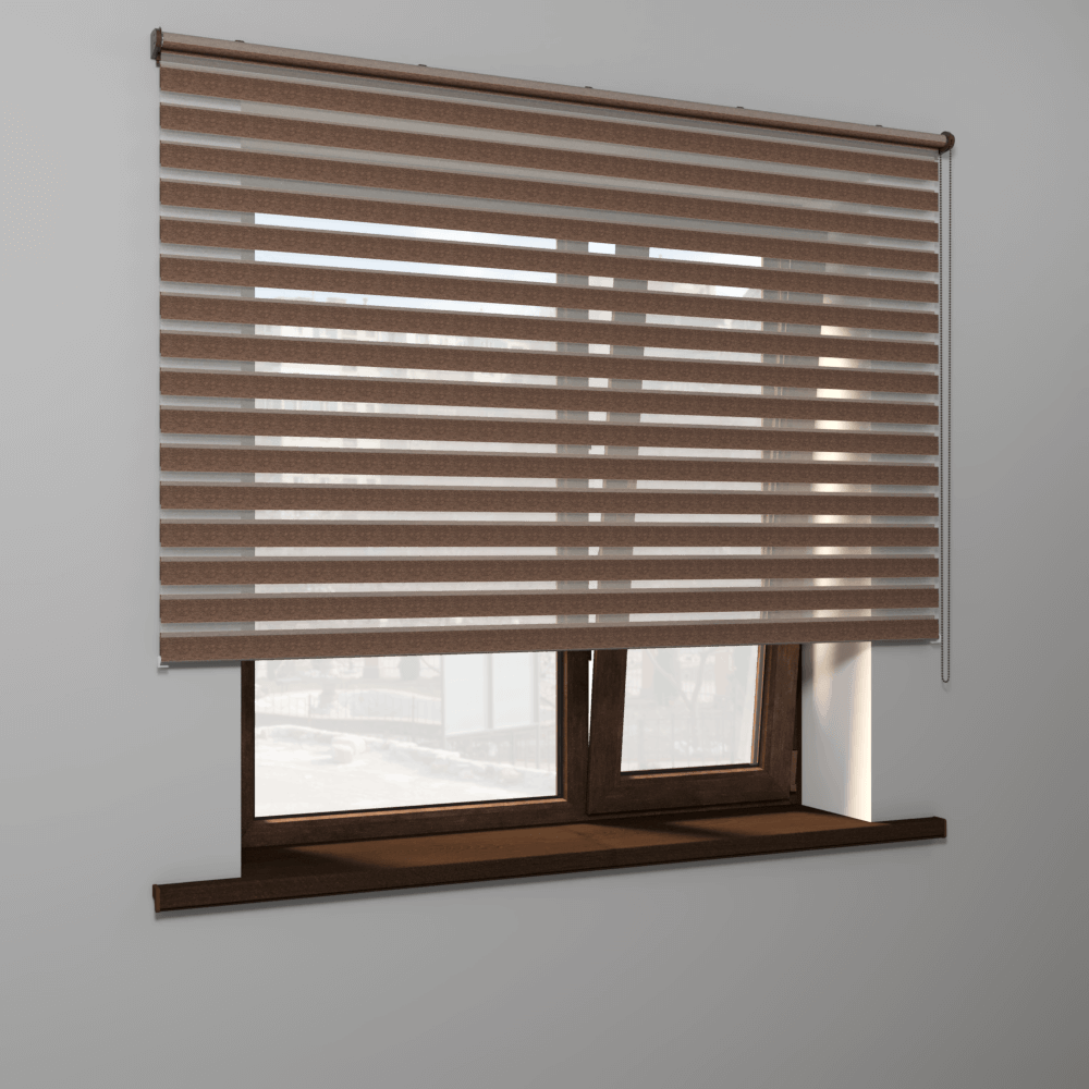 Рулонная штора «MGS День-Ночь» фурнитура Коричневая. Ткань коллекции «Саванна» Корица