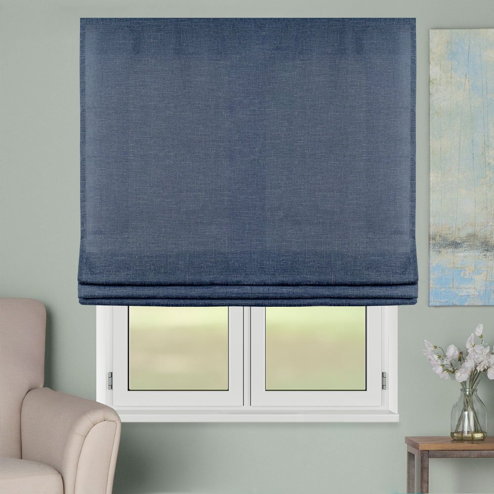 Римская штора черный подъемный механизм индивидуальный размер «Лен» Темно-синий