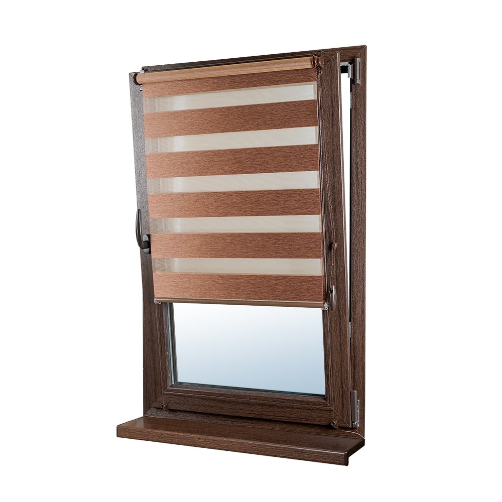 Рулонная штора «Мини День-Ночь» фурнитура Коричневая. Ткань коллекции «Саванна» Корица