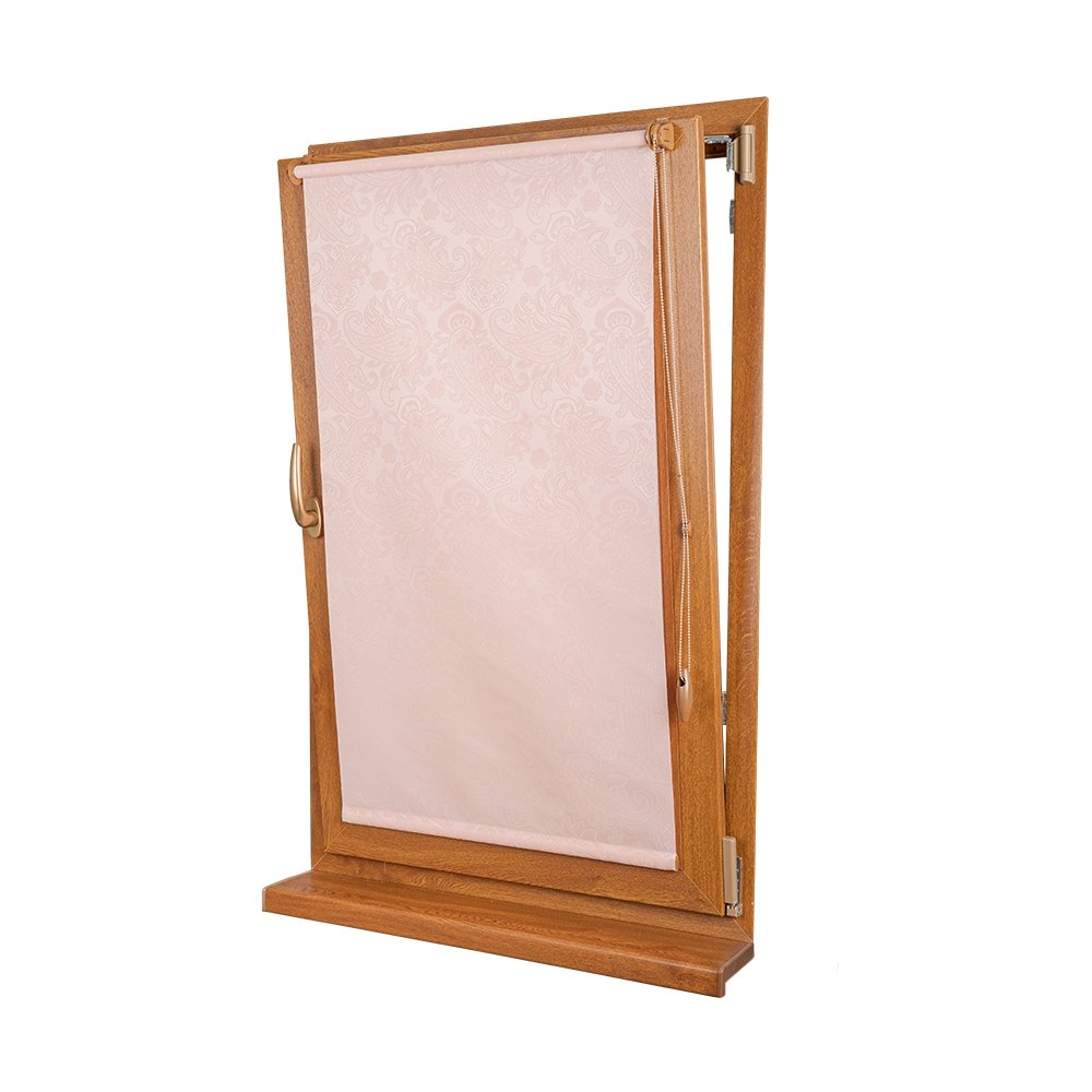 Рулонная штора «Мини» фурнитура Золотой дуб. Ткань коллекции «Арабеска» Розовый