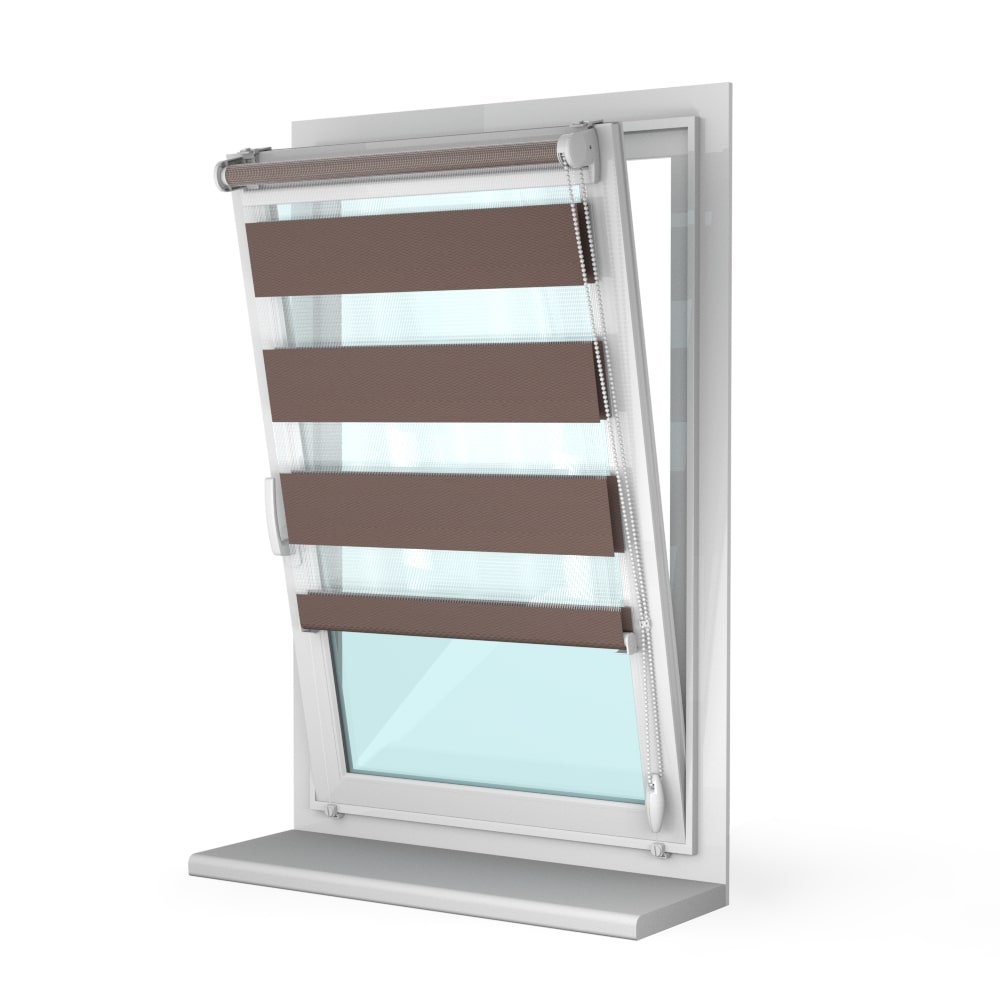 Рулонная штора «Мини День-Ночь» фурнитура Белая. Ткань коллекции «Соло» Мокка