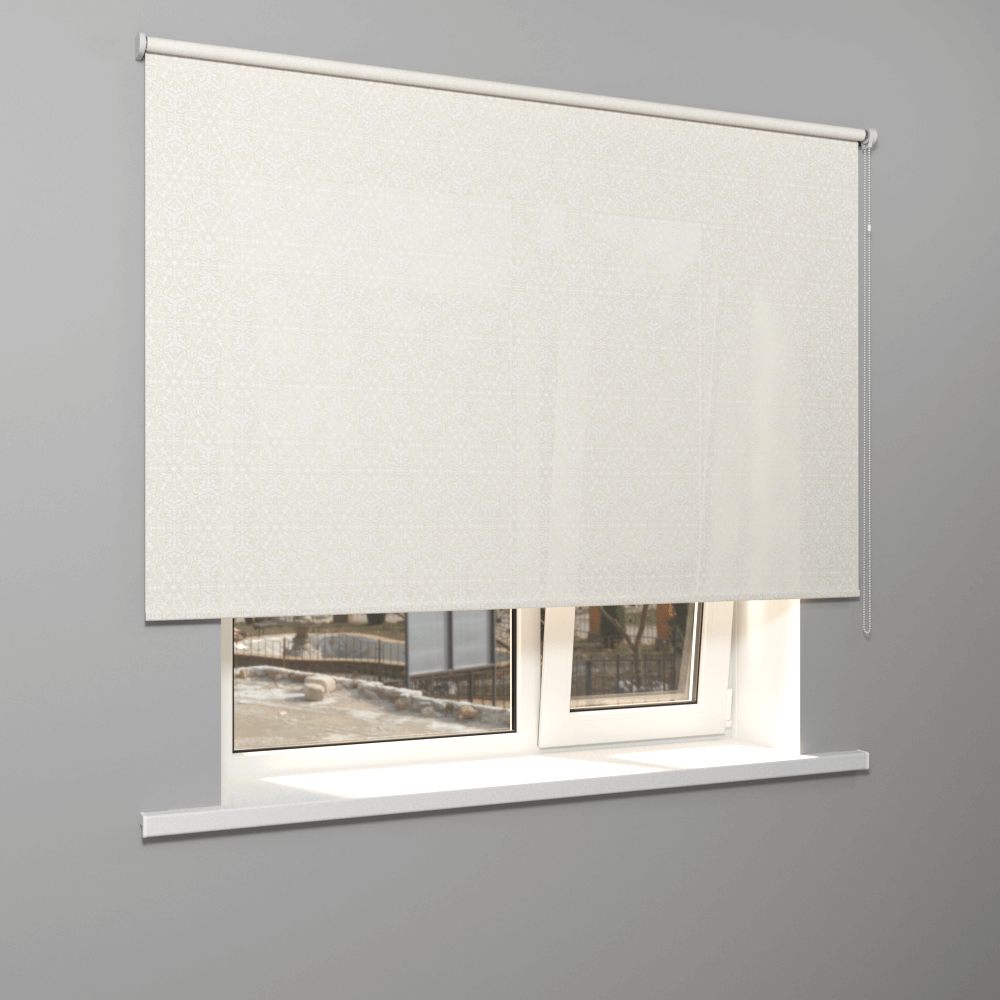 Рулонная штора «Стандарт» фурнитура Белая. Ткань коллекции «Пандора» Жемчуг