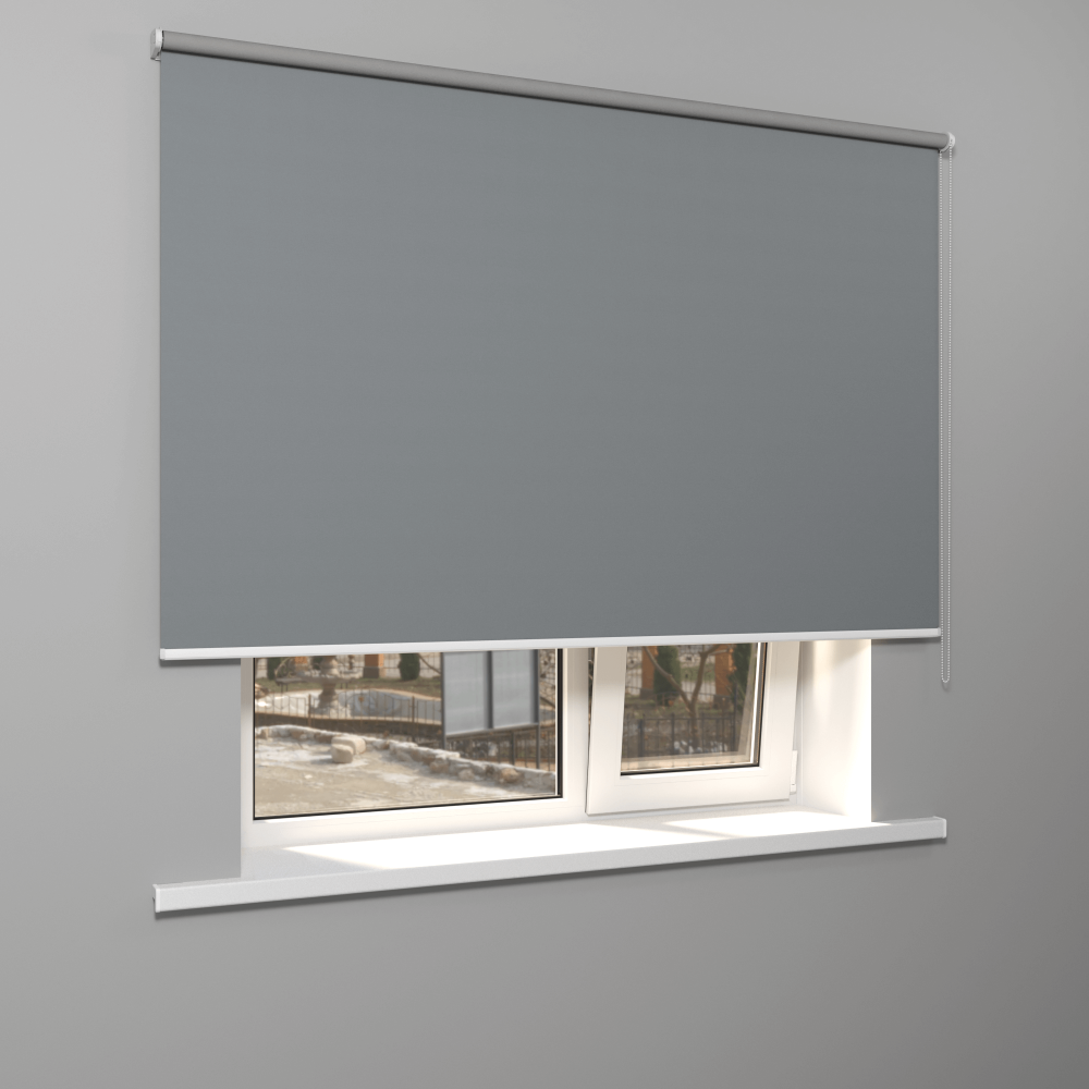 Рулонная штора «MGS» фурнитура Белая. Ткань коллекции «Плэин» Silver Blackout Серый