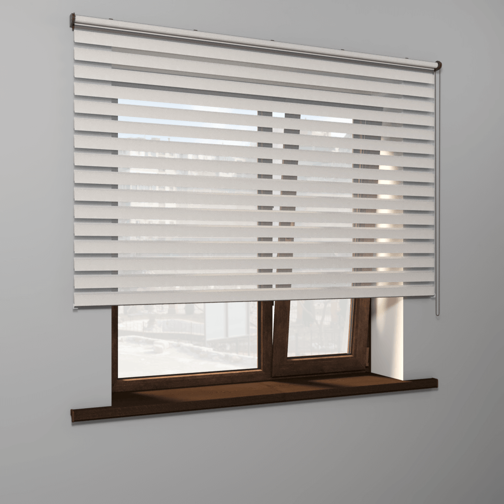 Рулонная штора «MGS День-Ночь» фурнитура Коричневая. Ткань коллекции «Саванна» Жемчуг