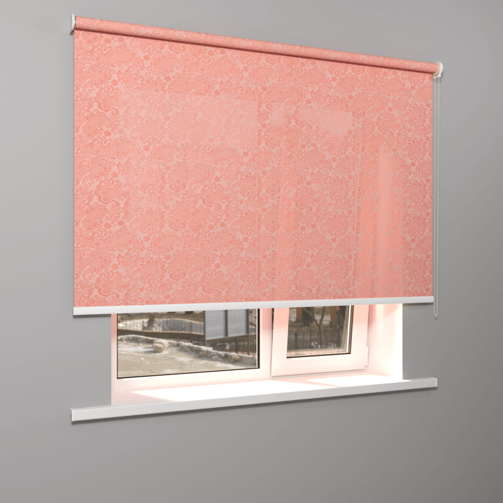 Рулонная штора «Moncada» ø38 фурнитура Белая. Ткань коллекции «Арабеска» Розовая