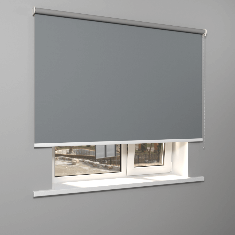 Рулонная штора «Moncada» ø38 фурнитура Белая. Ткань коллекции «Плэин» Silver  Blackout Серый