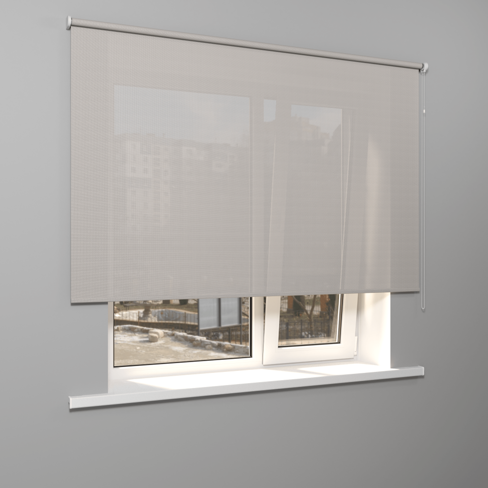 Рулонная штора «Стандарт» фурнитура Белая. Ткань коллекции «Скрин Виши» Бело-серый